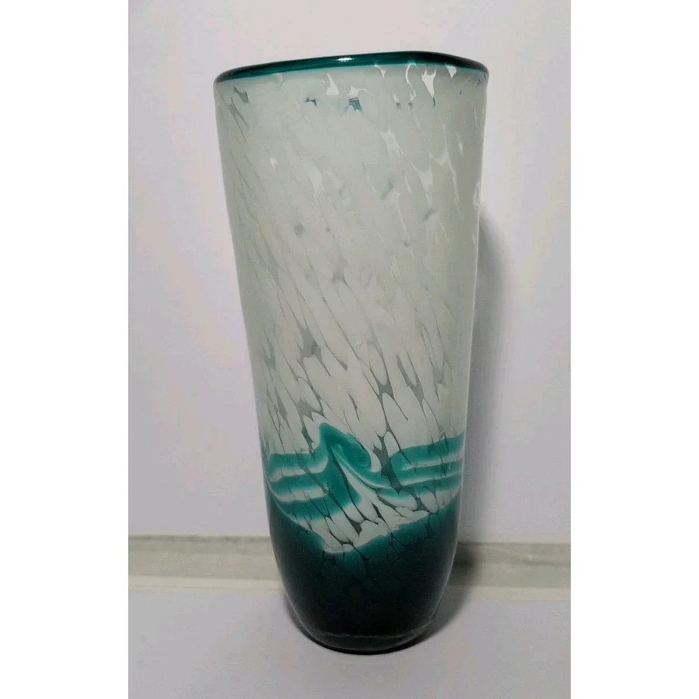 Murano Style Green Blue White Sea Swirl Design Glass Vase Beach Waves